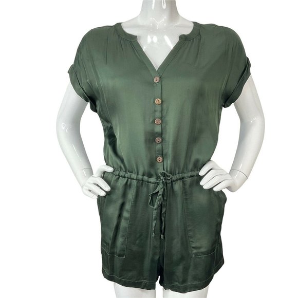 Chaser Pants - Chaser Romper Womens Size M Green Silky Feel Drawstring Shorts Button Up Nwt $88